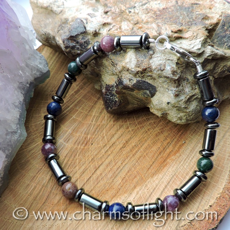 Men's Hematite, Lapis Lazuli, Bloodstone & Lepidolite Bracelet